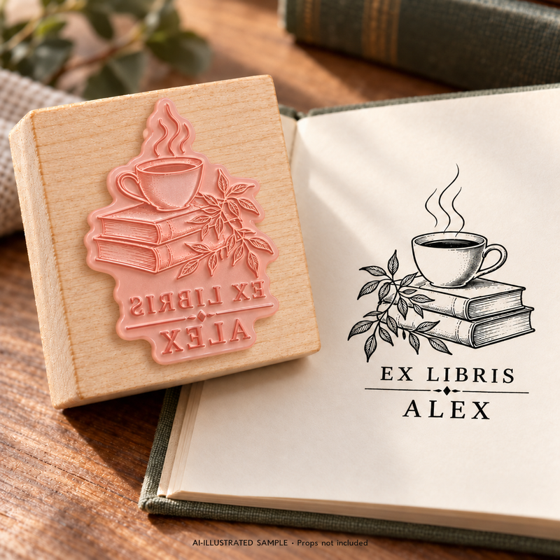 AI-illustrated sample of Coffee Chapter Book Stamp: a book-stamp assembly and matching impression on a book page. Not an actual supplied-product photograph. Props are not included.
