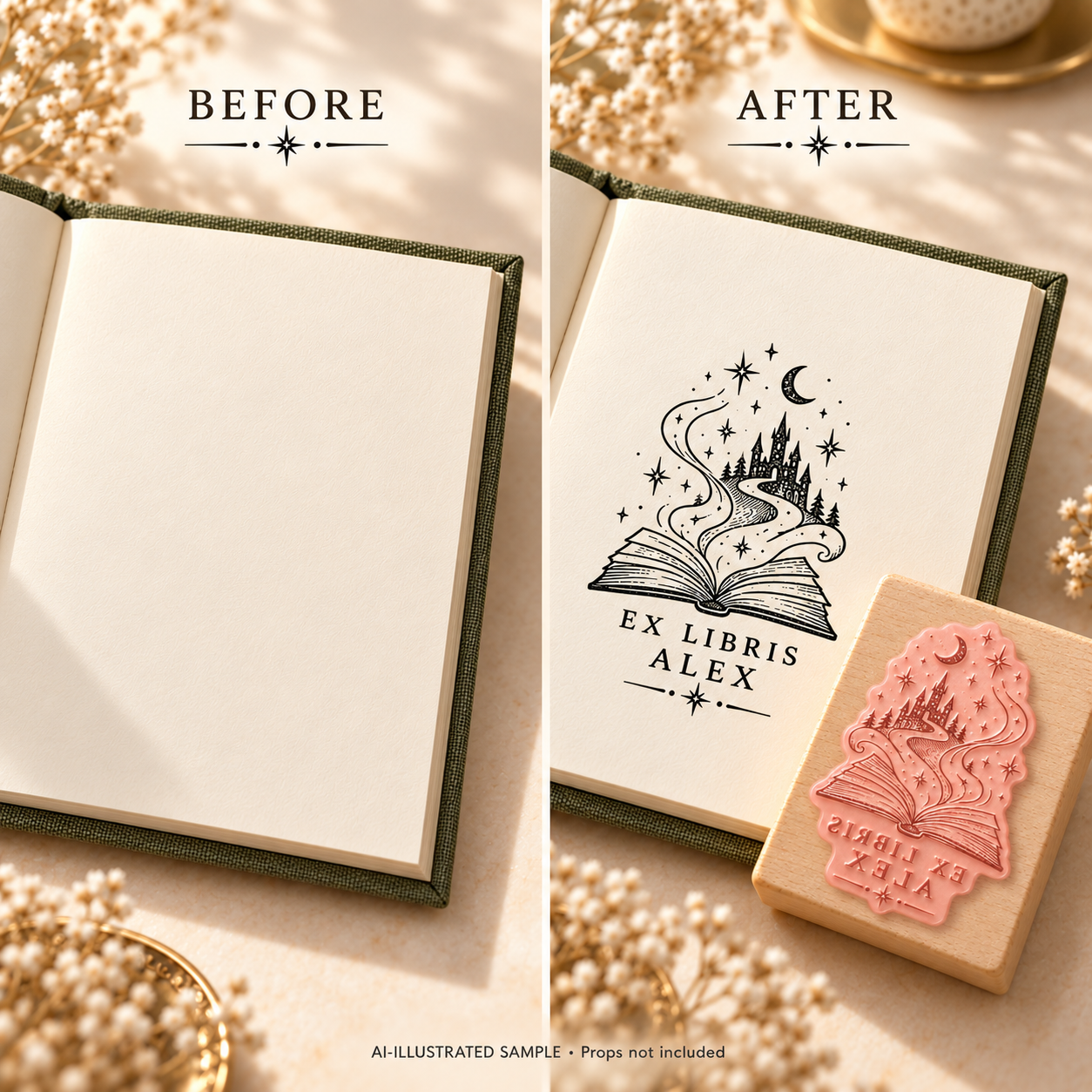 AI-illustrated before-and-after sample of Enchanted Chapters Book Stamp: blank and stamped book pages. Not an actual supplied-product photograph.