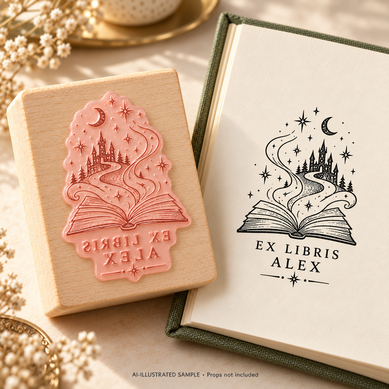 AI-illustrated sample of Enchanted Chapters Book Stamp: a book-stamp assembly and matching impression on a book page. Not an actual supplied-product photograph. Props are not included.