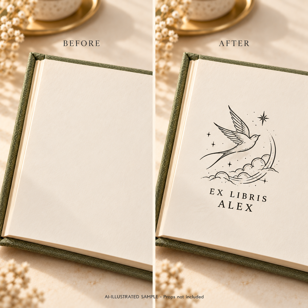 AI-illustrated before-and-after sample of Flight of Pages Book Stamp: blank and stamped book pages. Not an actual supplied-product photograph.