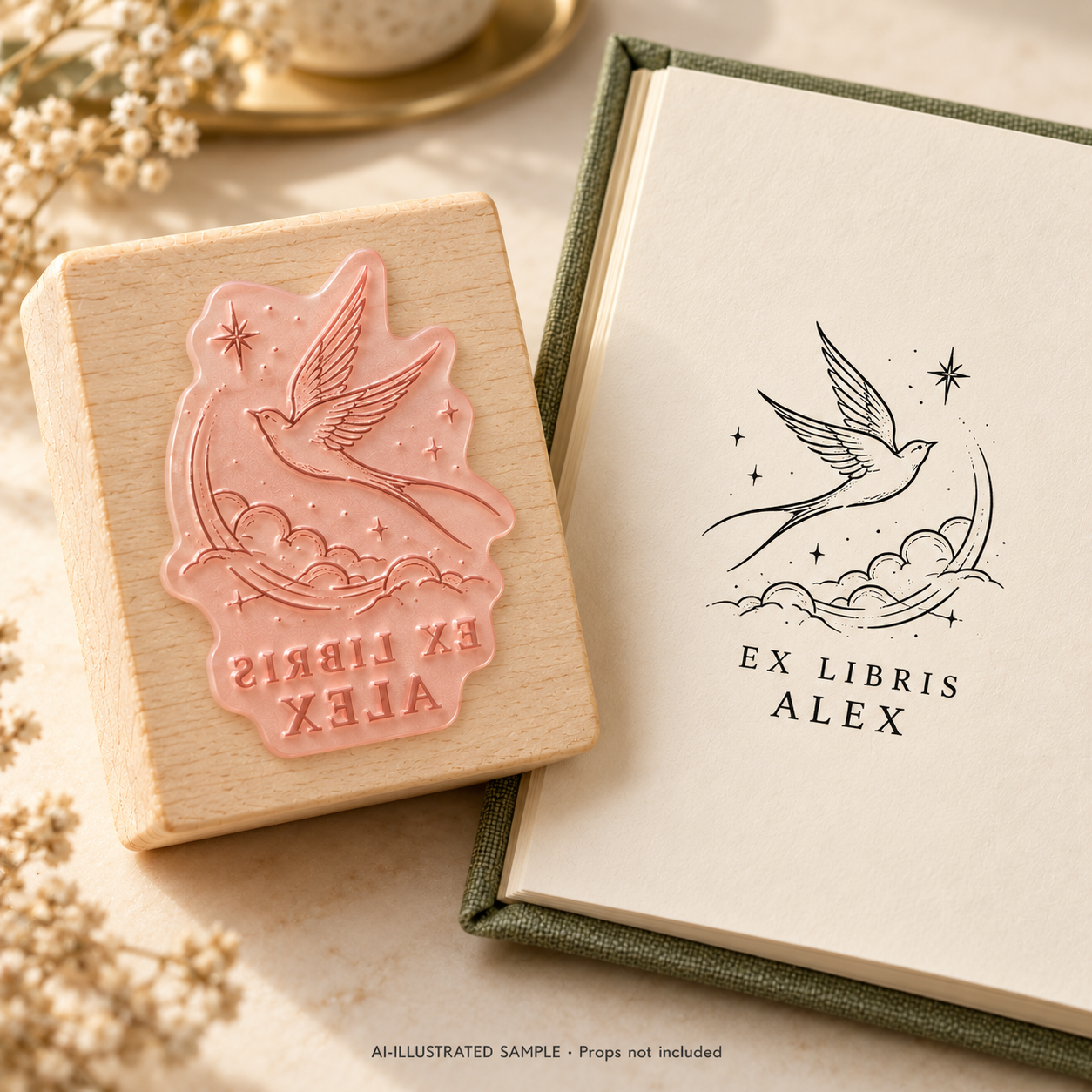 AI-illustrated sample of Flight of Pages Book Stamp: a book-stamp assembly and matching impression on a book page. Not an actual supplied-product photograph. Props are not included.