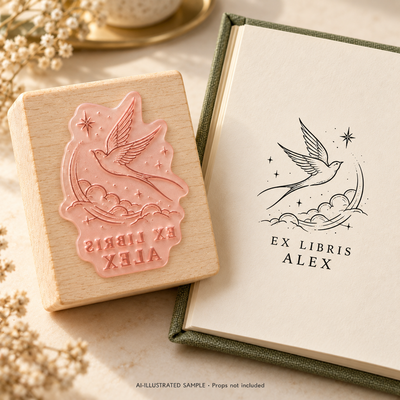 AI-illustrated sample of Flight of Pages Book Stamp: a book-stamp assembly and matching impression on a book page. Not an actual supplied-product photograph. Props are not included.
