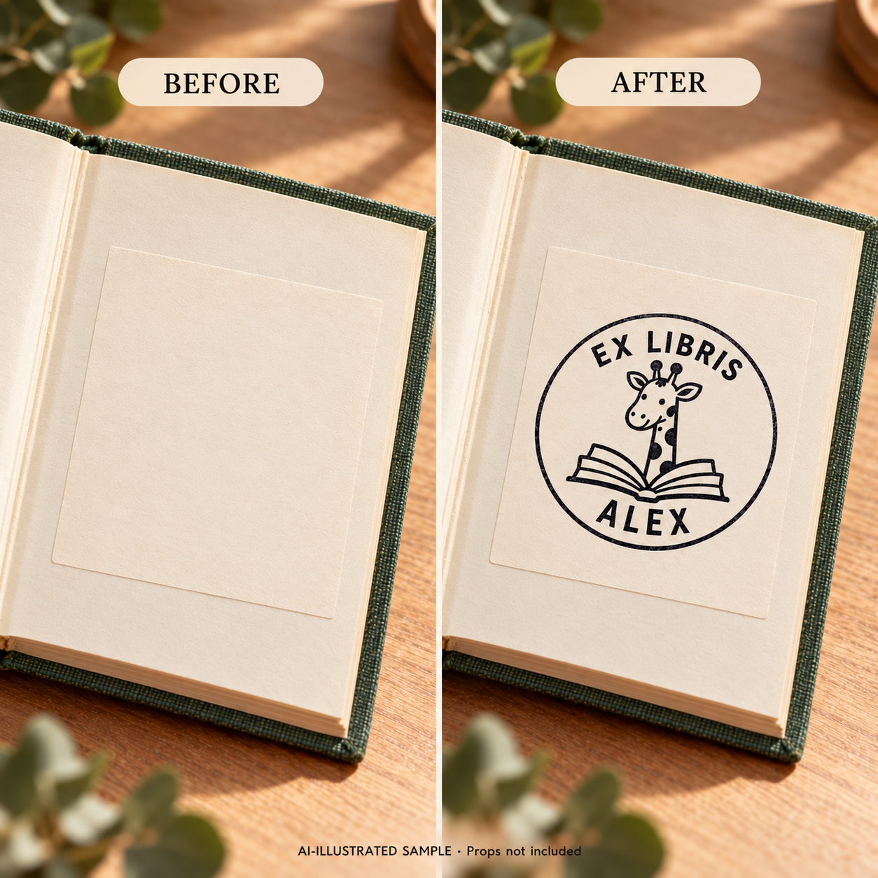 AI-illustrated before-and-after sample of Giraffe Reading Room Book Stamp: blank and stamped book pages. Not an actual supplied-product photograph.