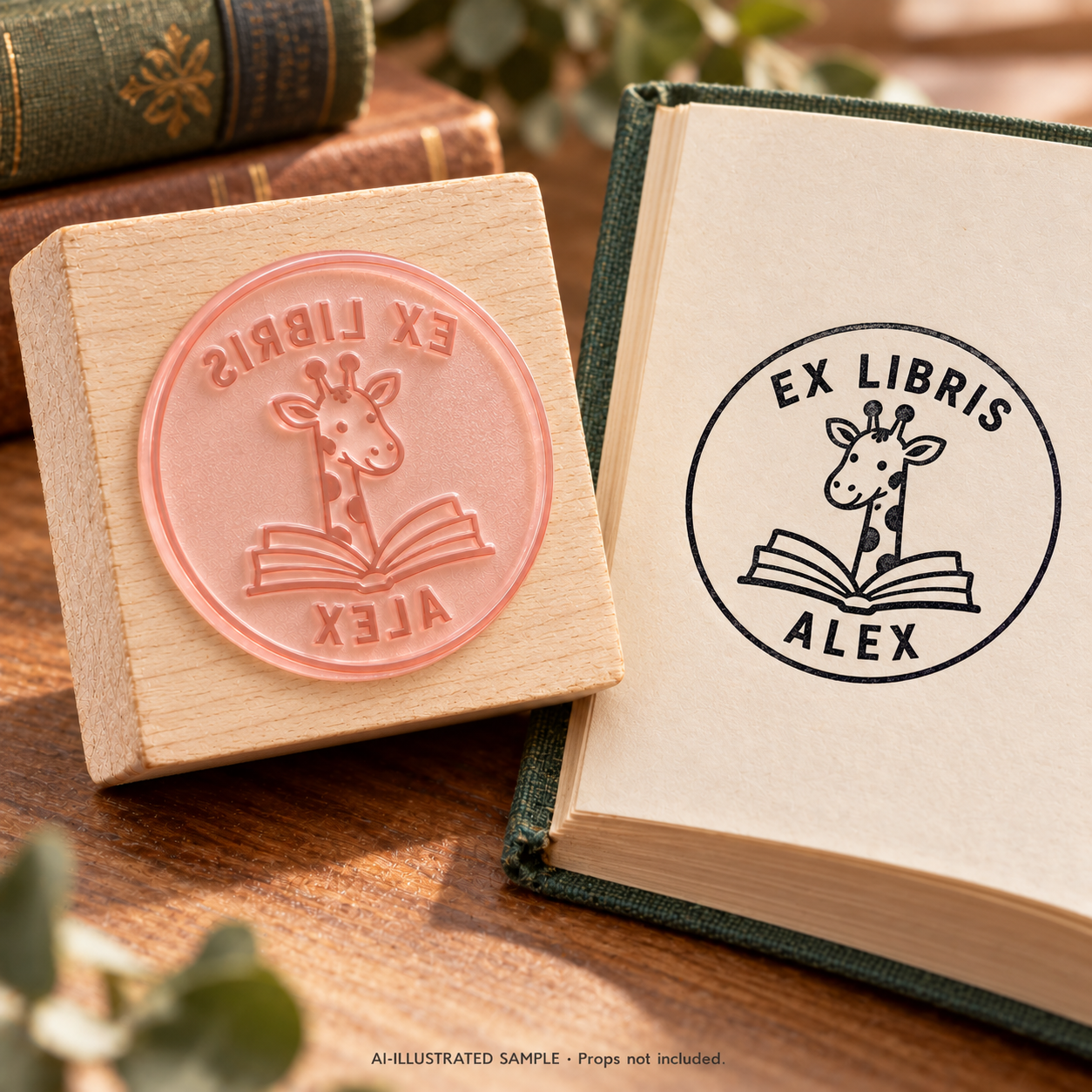 AI-illustrated sample of Giraffe Reading Room Book Stamp: a book-stamp assembly and matching impression on a book page. Not an actual supplied-product photograph. Props are not included.
