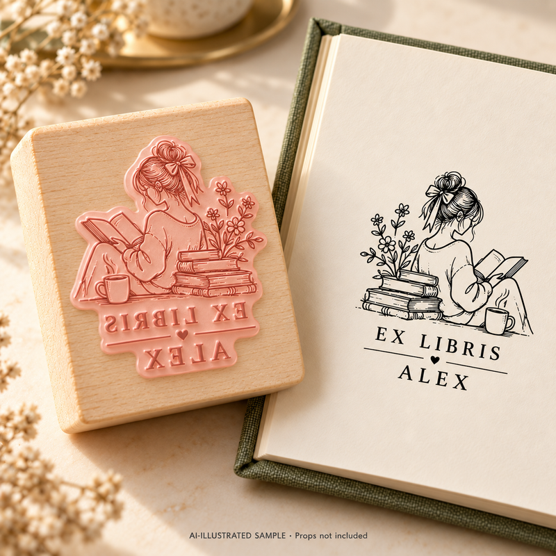 AI-illustrated sample of Her Reading Hour Book Stamp: a book-stamp assembly and matching impression on a book page. Not an actual supplied-product photograph. Props are not included.