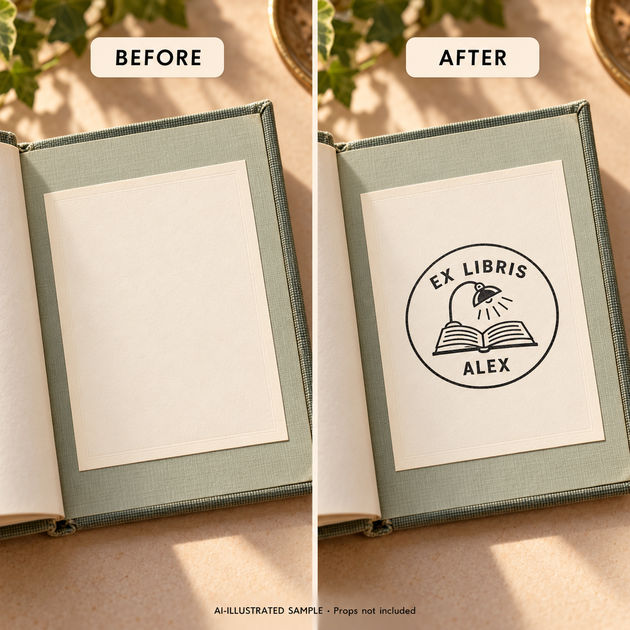 AI-illustrated before-and-after sample of Lamplit Pages Book Stamp: blank and stamped book pages. Not an actual supplied-product photograph.