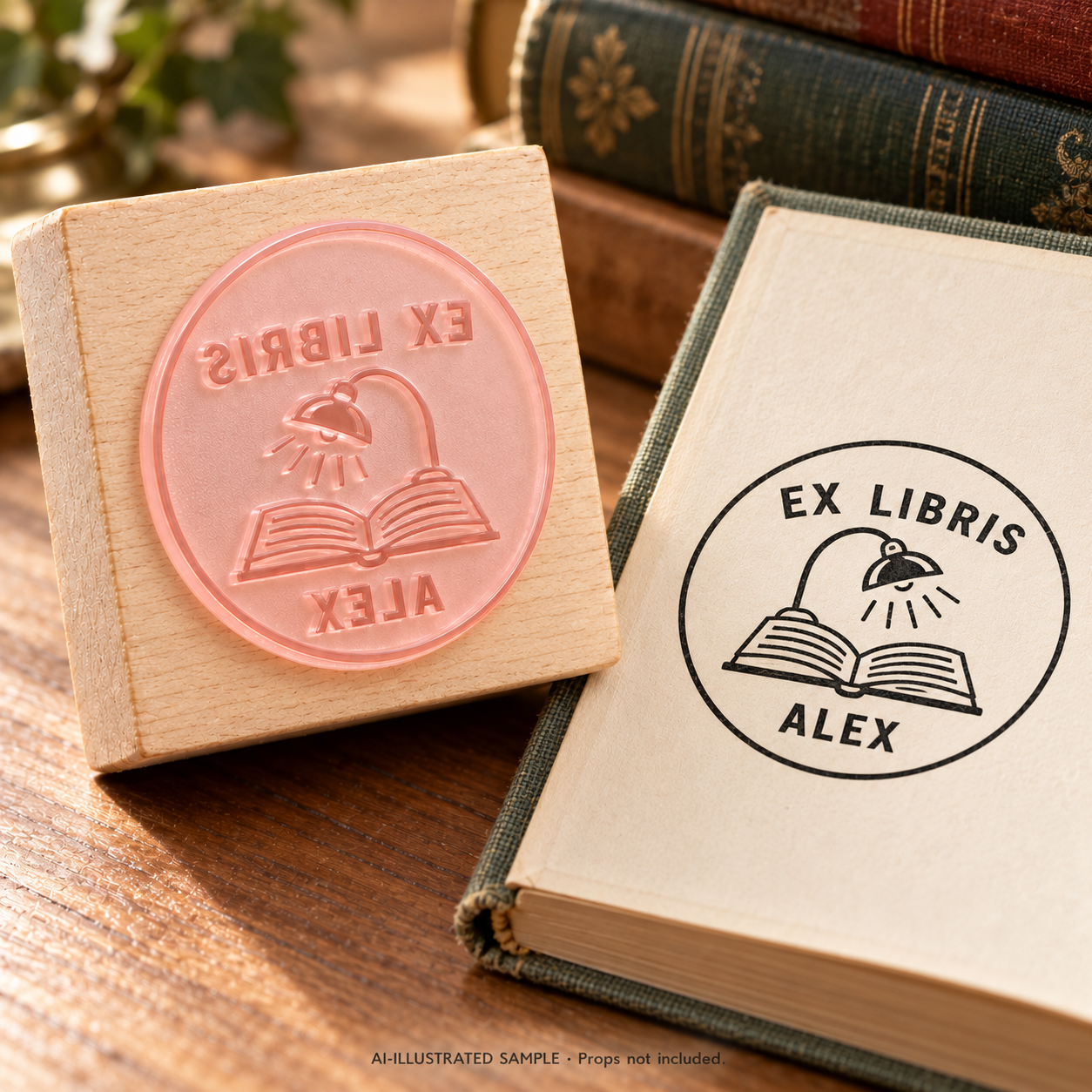 AI-illustrated sample of Lamplit Pages Book Stamp: a book-stamp assembly and matching impression on a book page. Not an actual supplied-product photograph. Props are not included.