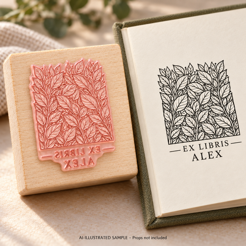 AI-illustrated sample of Leafy Library Book Stamp: a book-stamp assembly and matching impression on a book page. Not an actual supplied-product photograph. Props are not included.