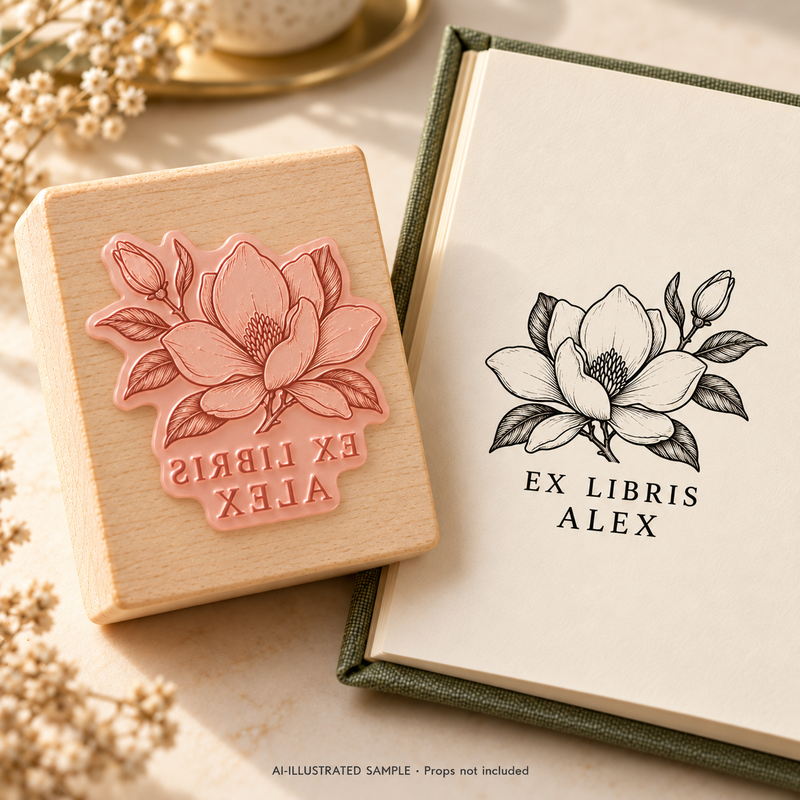 AI-illustrated sample of Magnolia Pages Book Stamp: a book-stamp assembly and matching impression on a book page. Not an actual supplied-product photograph. Props are not included.