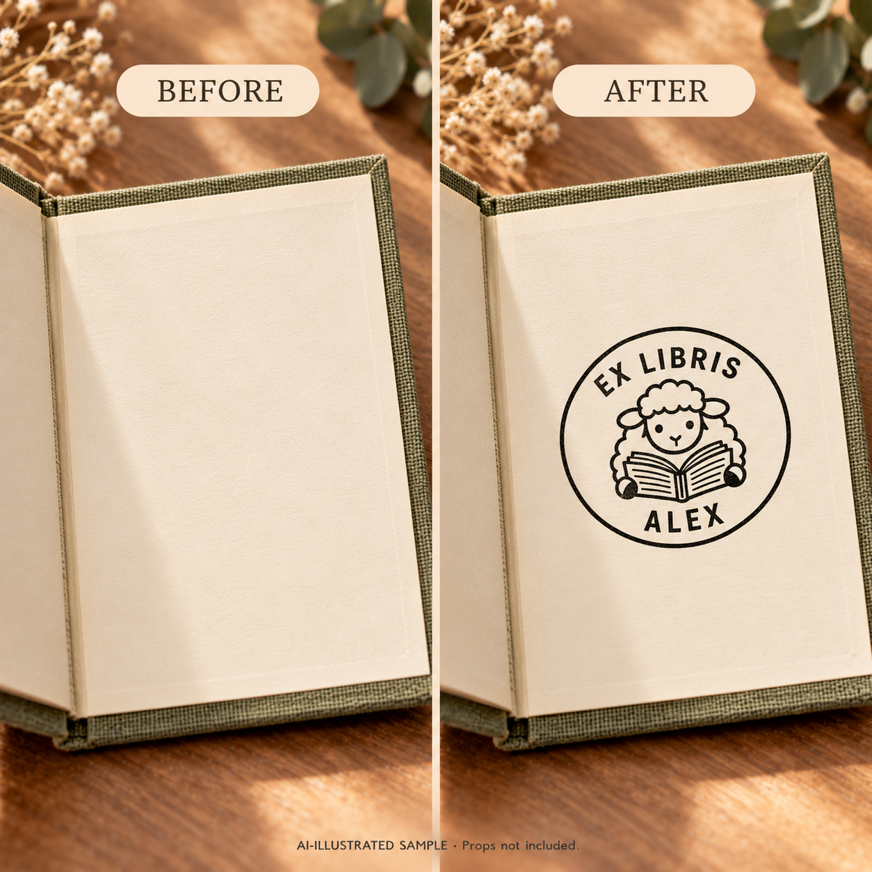 AI-illustrated before-and-after sample of Meadow Sheep Library Book Stamp: blank and stamped book pages. Not an actual supplied-product photograph.