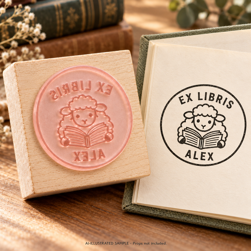 AI-illustrated sample of Meadow Sheep Library Book Stamp: a book-stamp assembly and matching impression on a book page. Not an actual supplied-product photograph. Props are not included.