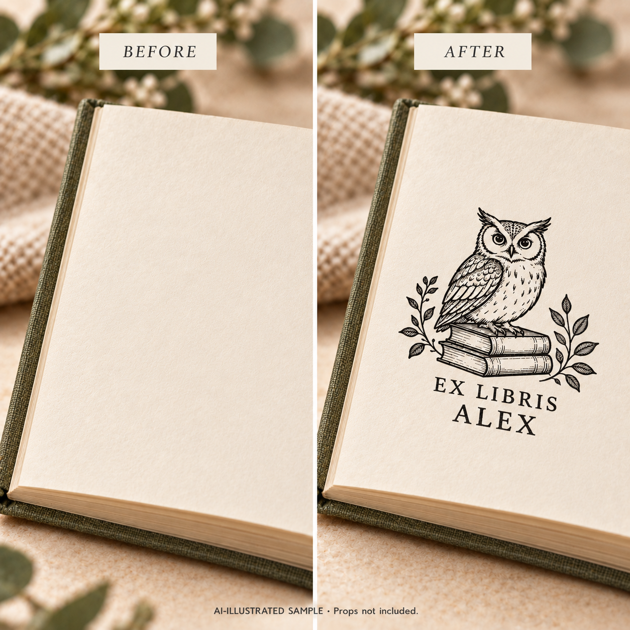 AI-illustrated before-and-after sample of Owl Reading Room Book Stamp: blank and stamped book pages. Not an actual supplied-product photograph.