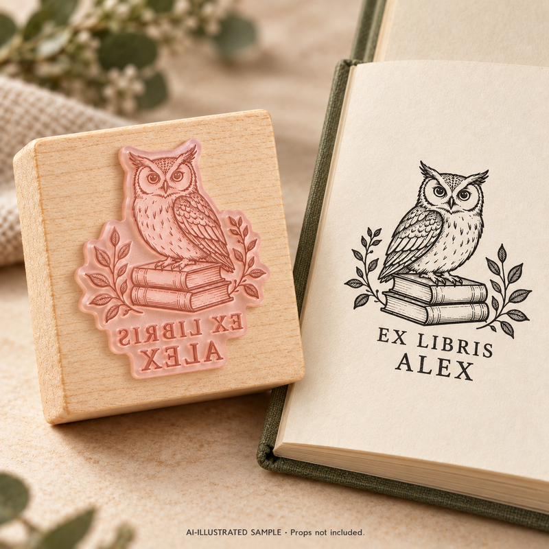 AI-illustrated sample of Owl Reading Room Book Stamp: a book-stamp assembly and matching impression on a book page. Not an actual supplied-product photograph. Props are not included.