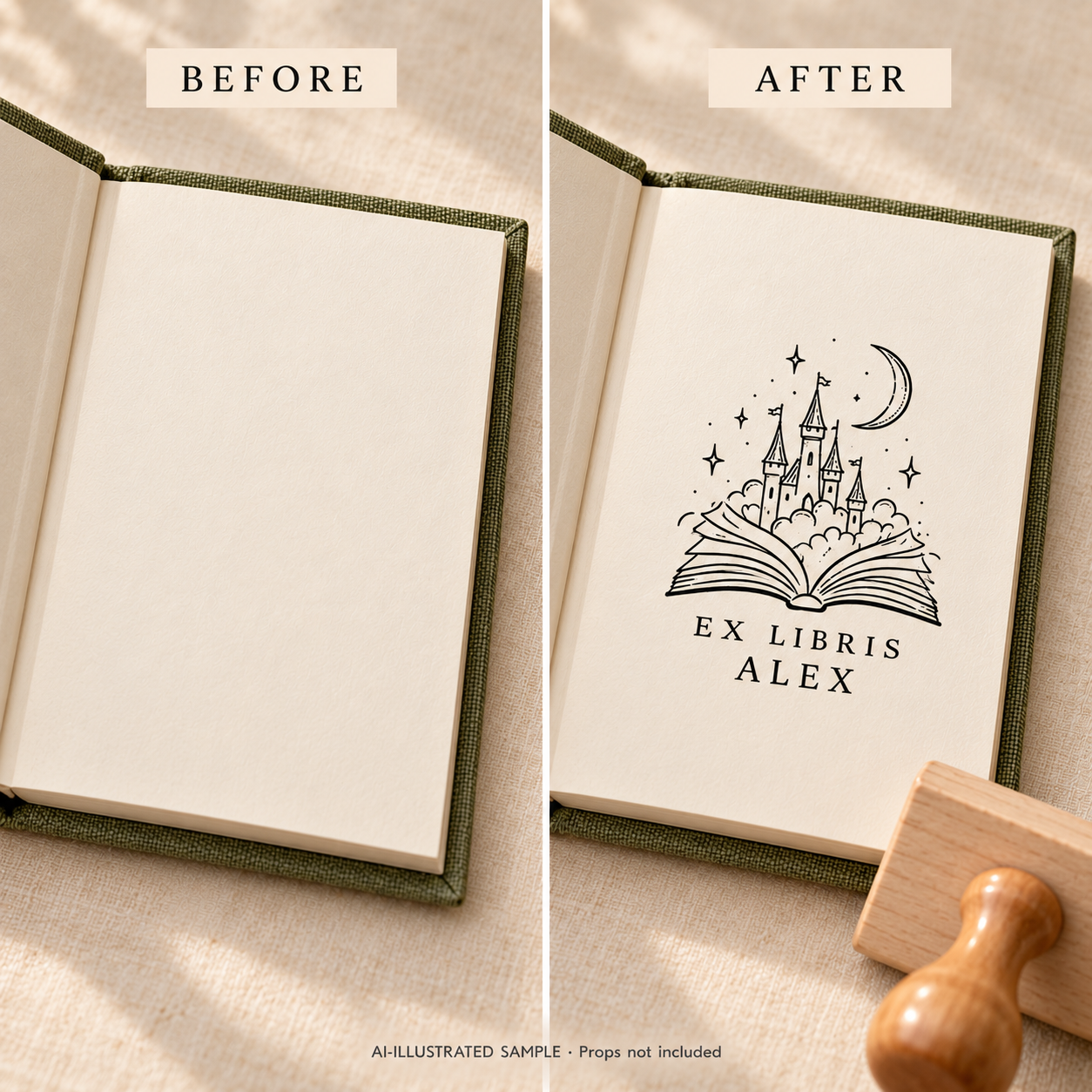 AI-illustrated before-and-after sample of Pages of Wonder Book Stamp: blank and stamped book pages. Not an actual supplied-product photograph.