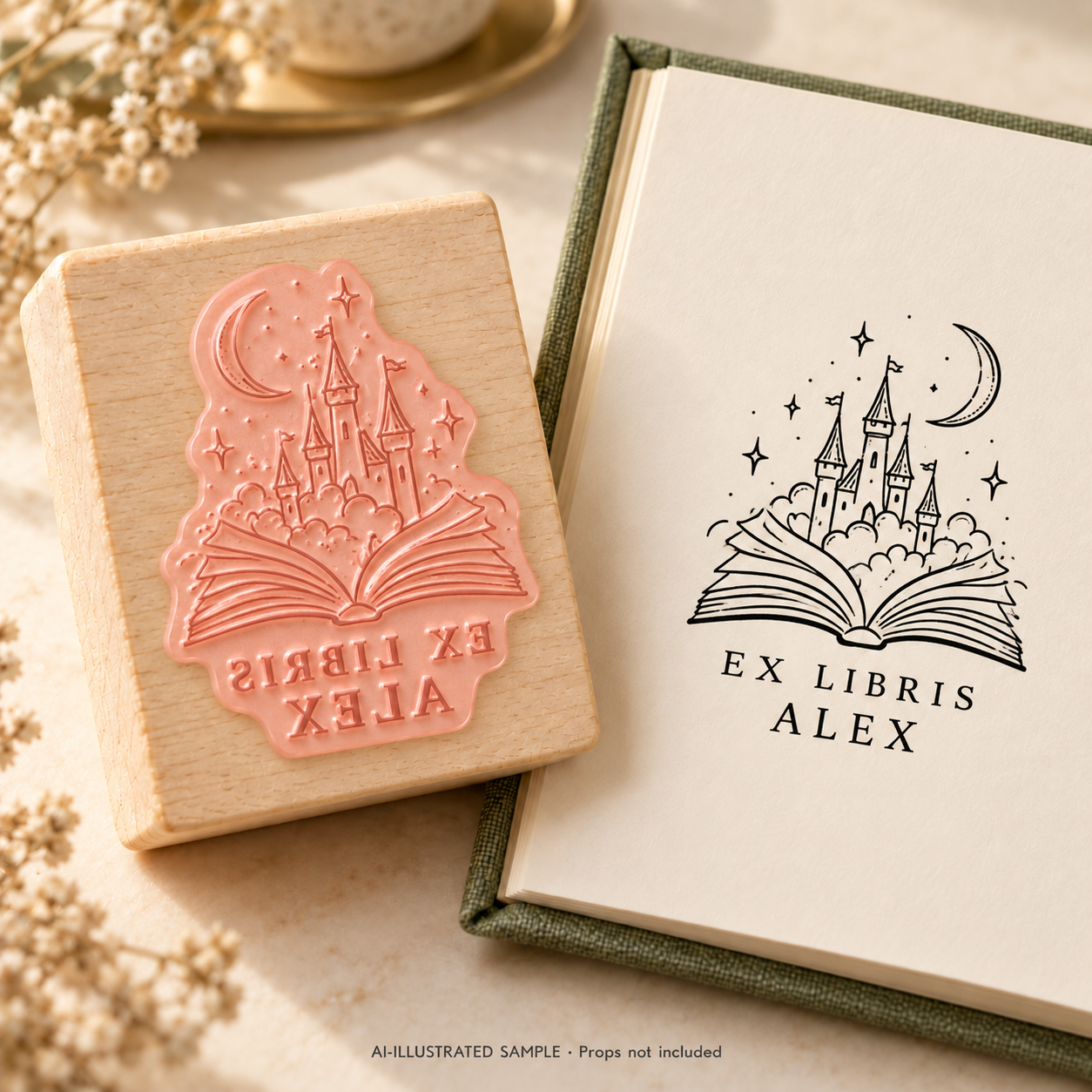 AI-illustrated sample of Pages of Wonder Book Stamp: a book-stamp assembly and matching impression on a book page. Not an actual supplied-product photograph. Props are not included.
