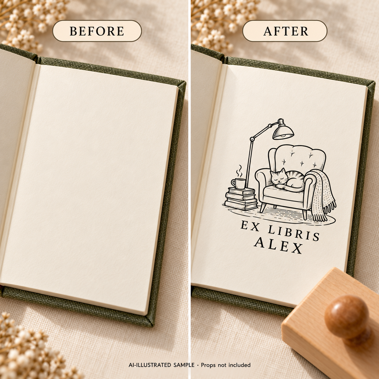 AI-illustrated before-and-after sample of Quiet Reading Corner Book Stamp: blank and stamped book pages. Not an actual supplied-product photograph.