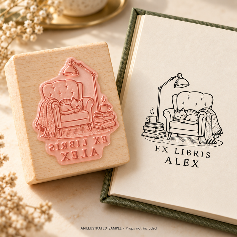 AI-illustrated sample of Quiet Reading Corner Book Stamp: a book-stamp assembly and matching impression on a book page. Not an actual supplied-product photograph. Props are not included.