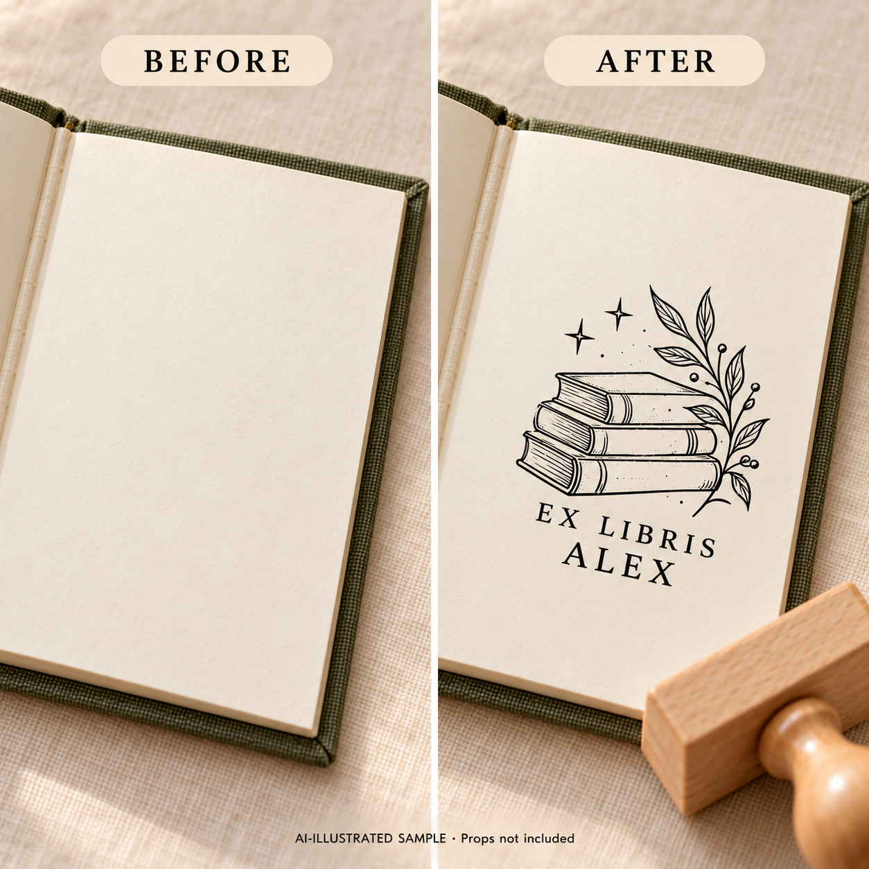 AI-illustrated before-and-after sample of Reader's Collection Book Stamp: blank and stamped book pages. Not an actual supplied-product photograph.