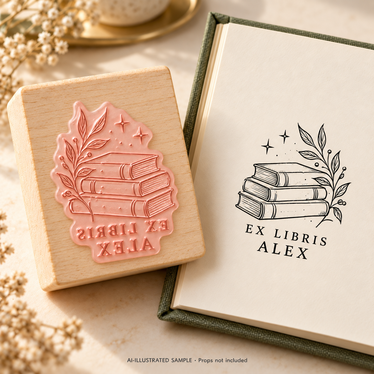 AI-illustrated sample of Reader's Collection Book Stamp: a book-stamp assembly and matching impression on a book page. Not an actual supplied-product photograph. Props are not included.