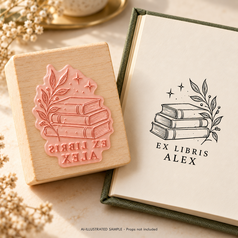 AI-illustrated sample of Reader's Collection Book Stamp: a book-stamp assembly and matching impression on a book page. Not an actual supplied-product photograph. Props are not included.