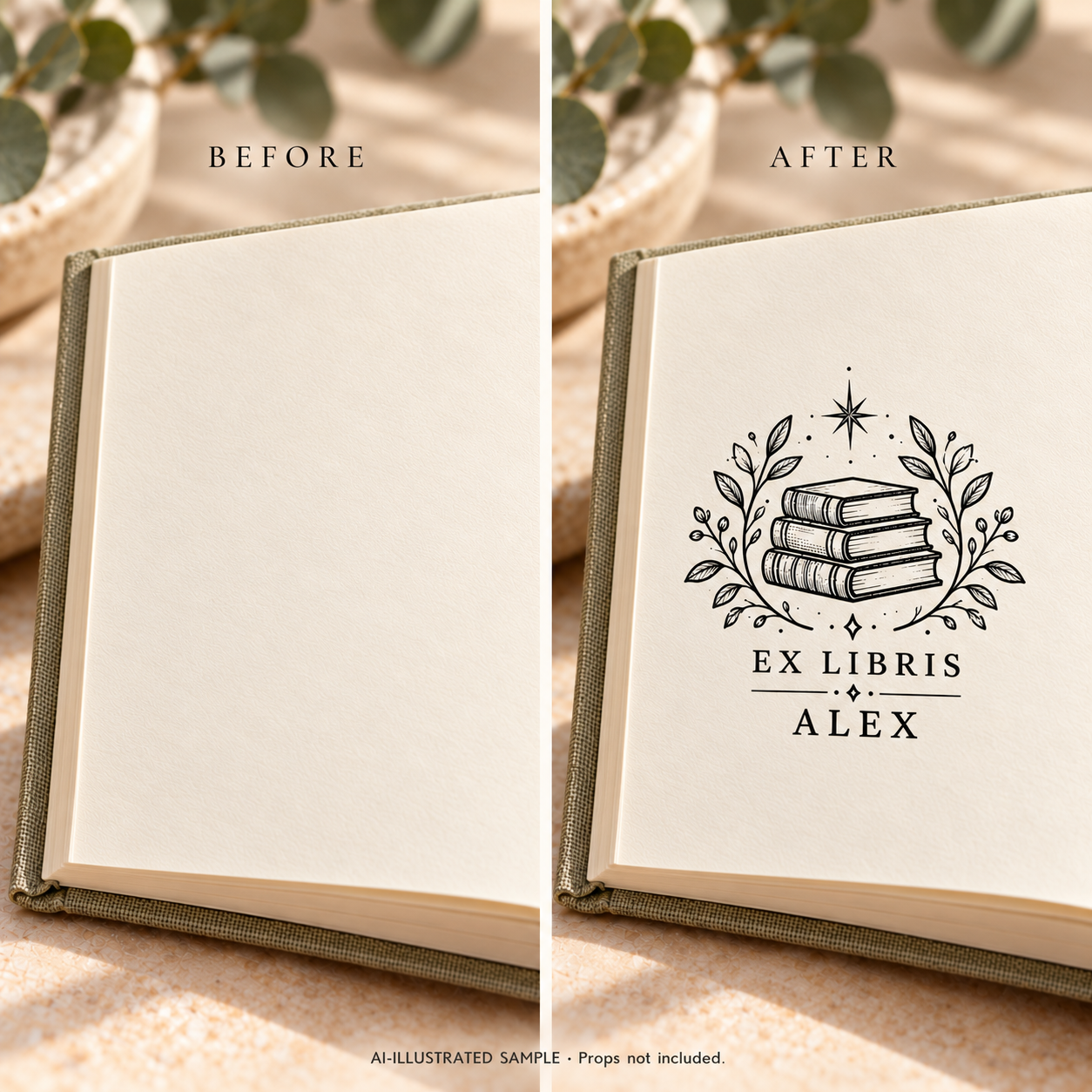 AI-illustrated before-and-after sample of Reader's Emblem Book Stamp: blank and stamped book pages. Not an actual supplied-product photograph.