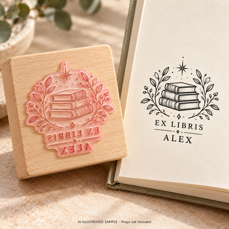 AI-illustrated sample of Reader's Emblem Book Stamp: a book-stamp assembly and matching impression on a book page. Not an actual supplied-product photograph. Props are not included.