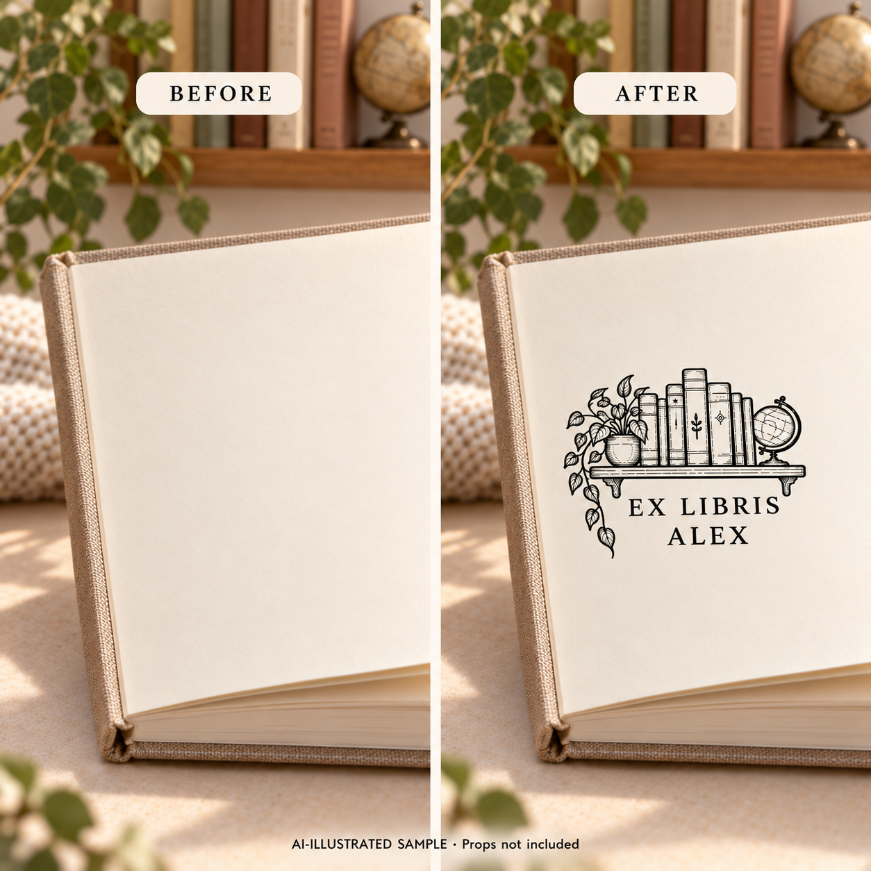 AI-illustrated before-and-after sample of Shelf of Stories Book Stamp: blank and stamped book pages. Not an actual supplied-product photograph.