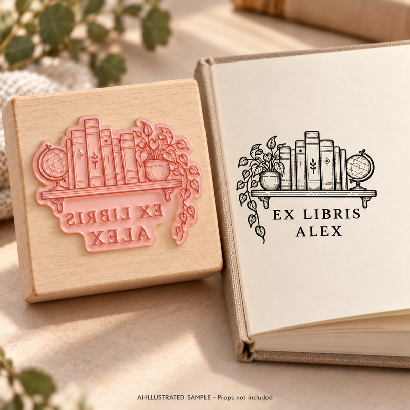 AI-illustrated sample of Shelf of Stories Book Stamp: a book-stamp assembly and matching impression on a book page. Not an actual supplied-product photograph. Props are not included.