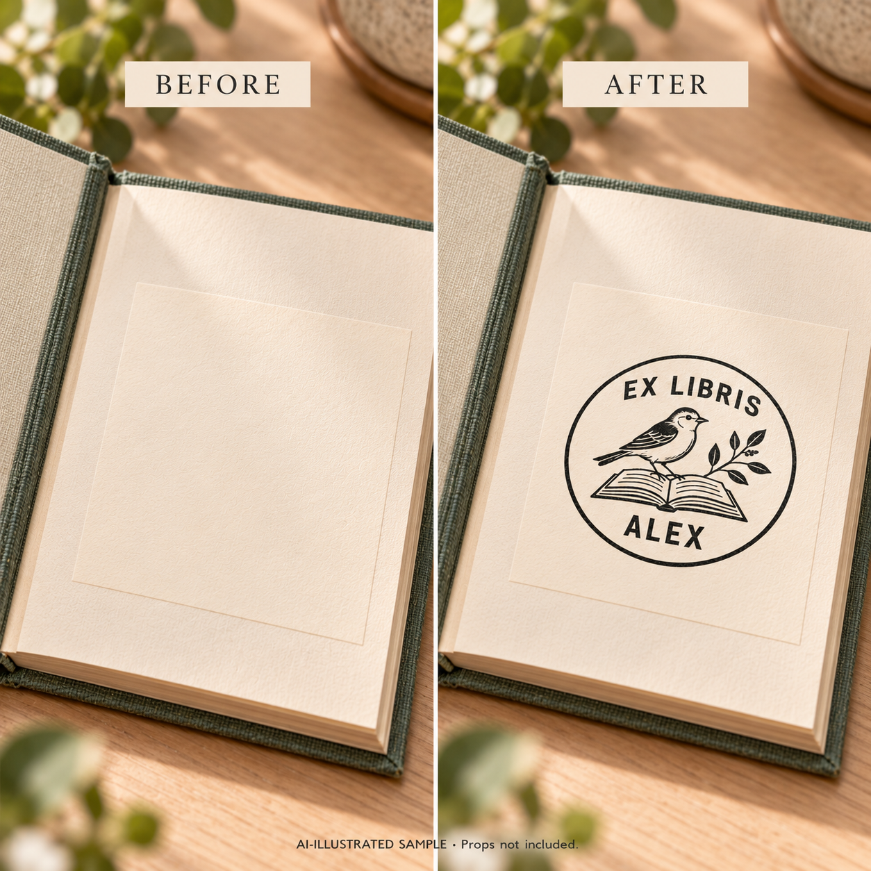 AI-illustrated before-and-after sample of Songbird Library Book Stamp: blank and stamped book pages. Not an actual supplied-product photograph.