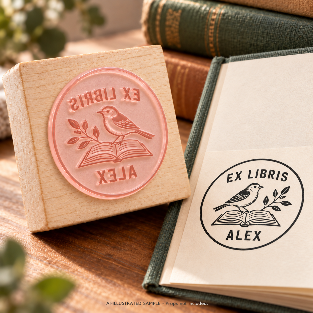 AI-illustrated sample of Songbird Library Book Stamp: a book-stamp assembly and matching impression on a book page. Not an actual supplied-product photograph. Props are not included.