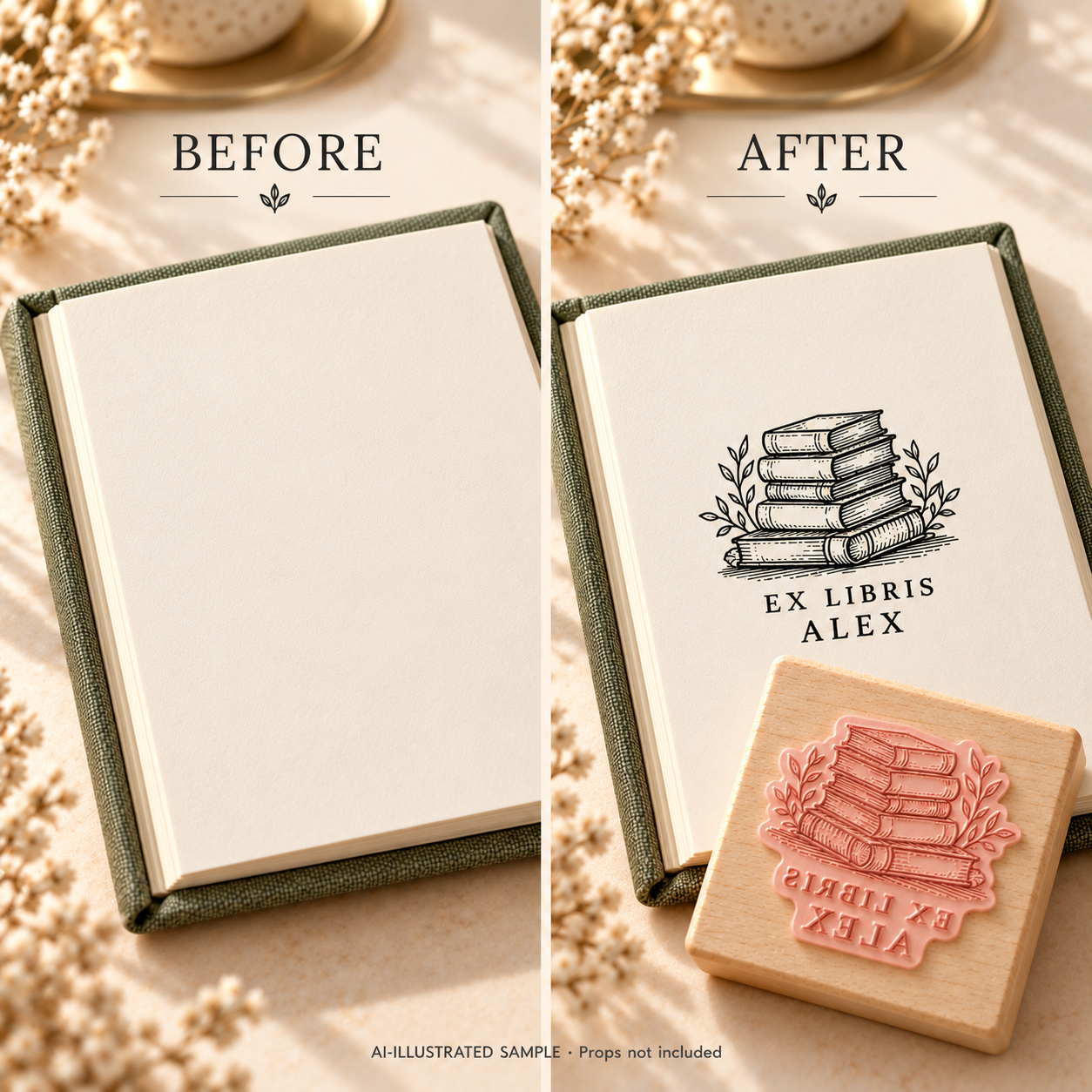 AI-illustrated before-and-after sample of Stacked Stories Book Stamp: blank and stamped book pages. Not an actual supplied-product photograph.