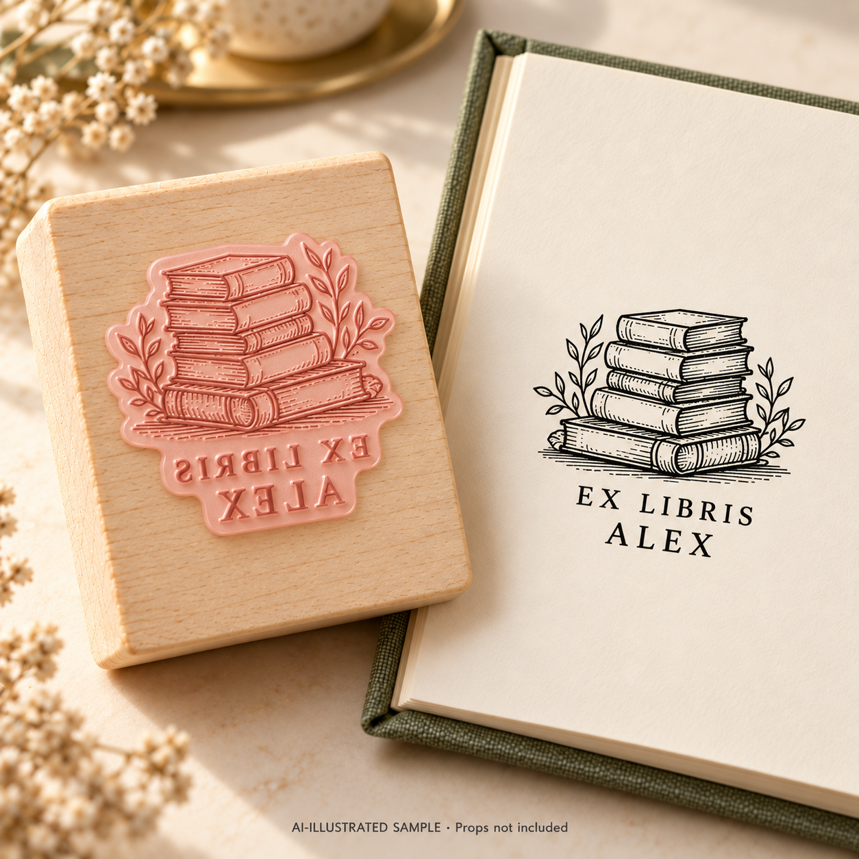 AI-illustrated sample of Stacked Stories Book Stamp: a book-stamp assembly and matching impression on a book page. Not an actual supplied-product photograph. Props are not included.