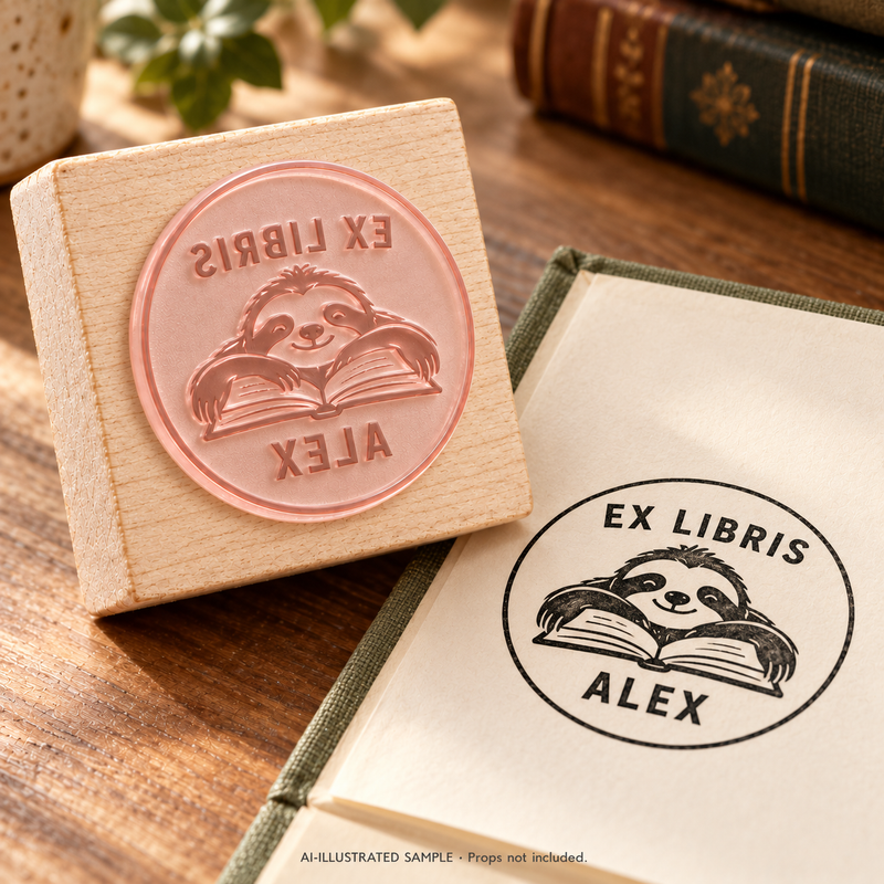 AI-illustrated sample of Unhurried Reader Book Stamp: a book-stamp assembly and matching impression on a book page. Not an actual supplied-product photograph. Props are not included.