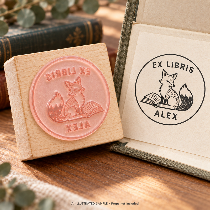 AI-illustrated sample of Woodland Fox Library Book Stamp: a book-stamp assembly and matching impression on a book page. Not an actual supplied-product photograph. Props are not included.
