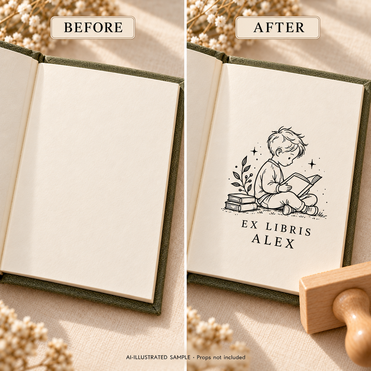 AI-illustrated before-and-after sample of Young Reader Book Stamp: blank and stamped book pages. Not an actual supplied-product photograph.