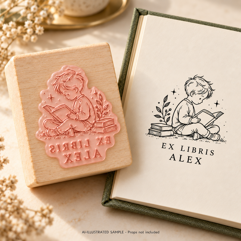 AI-illustrated sample of Young Reader Book Stamp: a book-stamp assembly and matching impression on a book page. Not an actual supplied-product photograph. Props are not included.