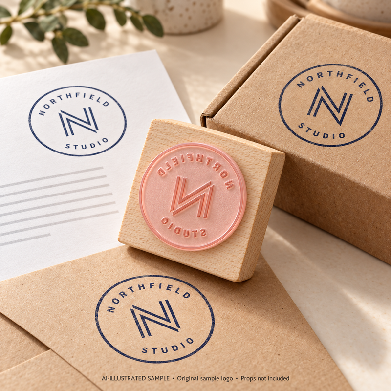 AI-illustrated sample of Company Logo Stamp: a physical stamp shown with a matching impression on paper or packaging. Not an actual supplied-product photograph. Props are not included.
