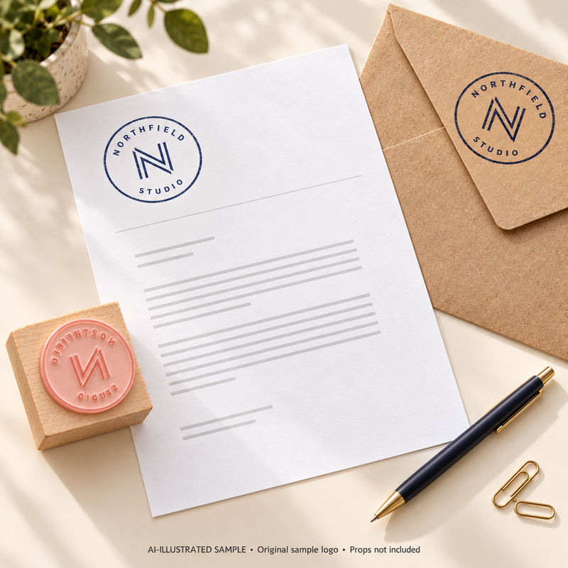 AI-illustrated 
Company Logo Stamp: the same original sample company logo on a white letterhead and kraft mailing envelope.