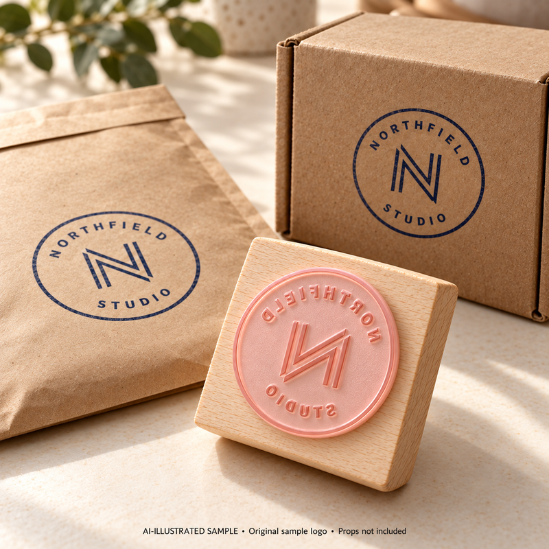 AI-illustrated 
Company Logo Stamp: matching logo impressions on a courier box and paper mailer with a close-up of the pink contour-cut flexo stereo.