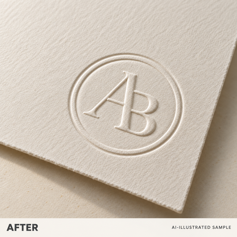 AI-illustrated AFTER application example for Personal Emblem Paper Embosser. Not an actual product photograph.