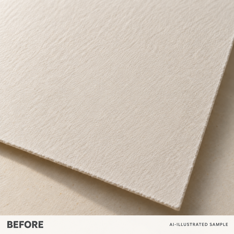 AI-illustrated BEFORE application example for Personal Emblem Paper Embosser. Not an actual product photograph.