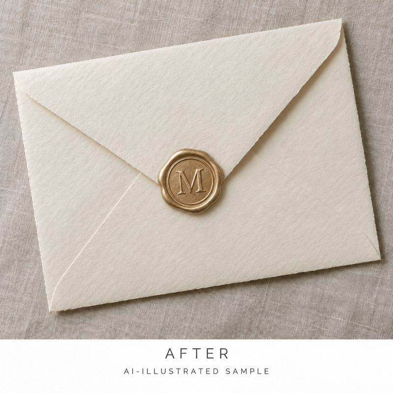 AI-illustrated AFTER application example for Personal Insignia Wax Seal Stamp. Not an actual product photograph.
