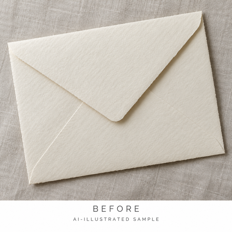 AI-illustrated BEFORE application example for Personal Insignia Wax Seal Stamp. Not an actual product photograph.