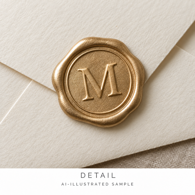 AI-illustrated DETAIL application example for Personal Insignia Wax Seal Stamp. Not an actual product photograph.