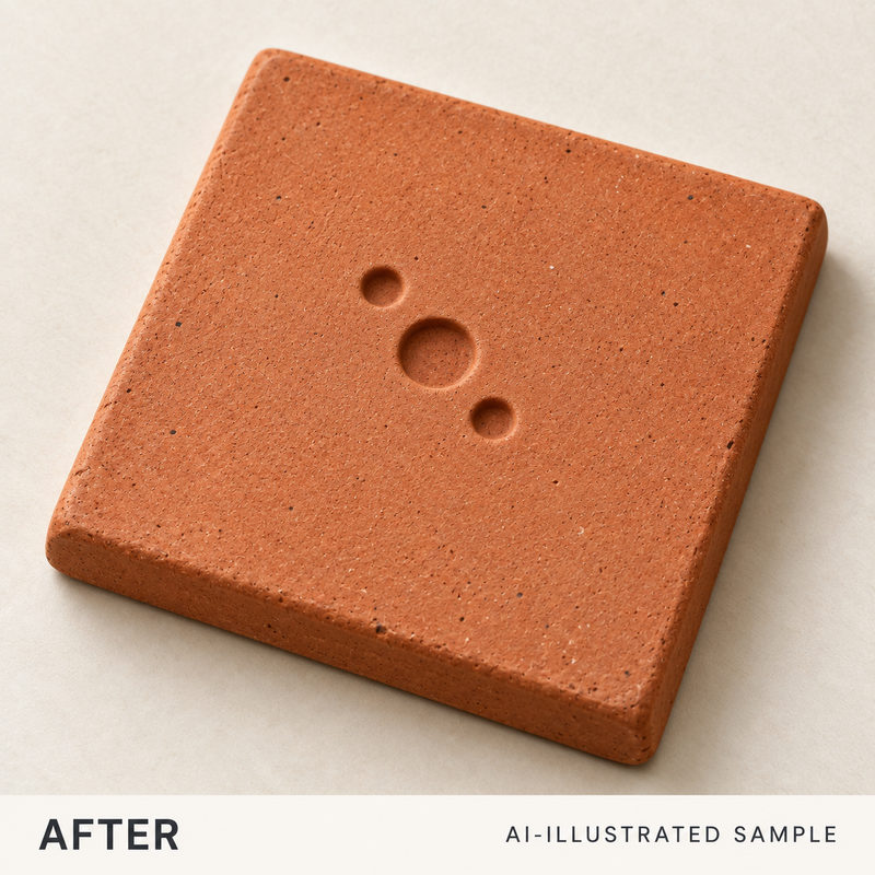 AI-illustrated AFTER application example for Clay Identity Custom Stamp. Not an actual product photograph.