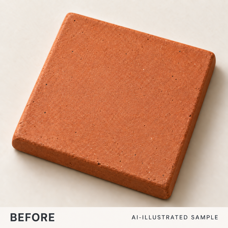 AI-illustrated BEFORE application example for Clay Identity Custom Stamp. Not an actual product photograph.