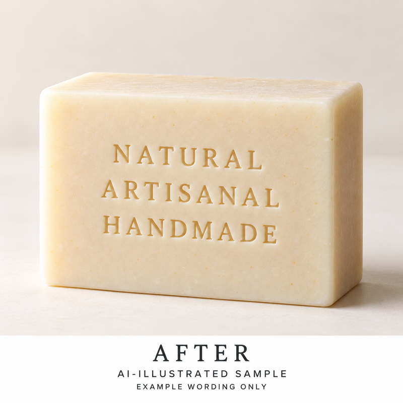 AI-illustrated AFTER application example for Natural Craft Soap Text Stamp 01. Not an actual product photograph.