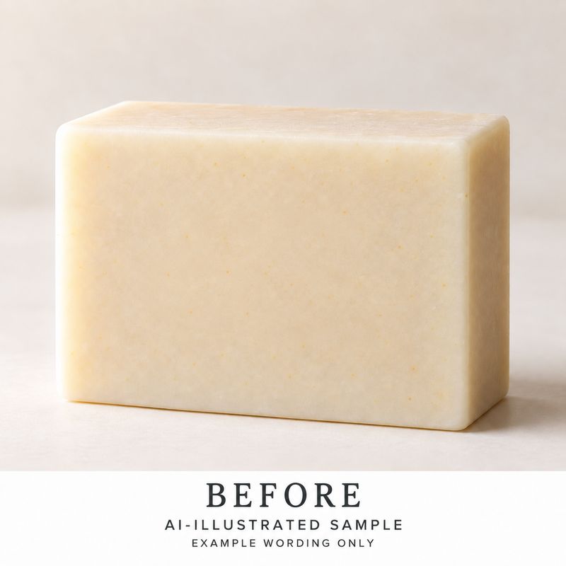 AI-illustrated BEFORE application example for Natural Craft Soap Text Stamp 01. Not an actual product photograph.