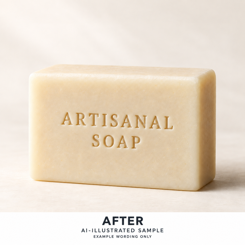 AI-illustrated AFTER application example for Artisan Bar Text Stamp 01. Not an actual product photograph.