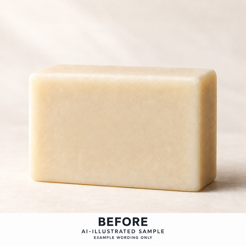 AI-illustrated BEFORE application example for Artisan Bar Text Stamp 01. Not an actual product photograph.